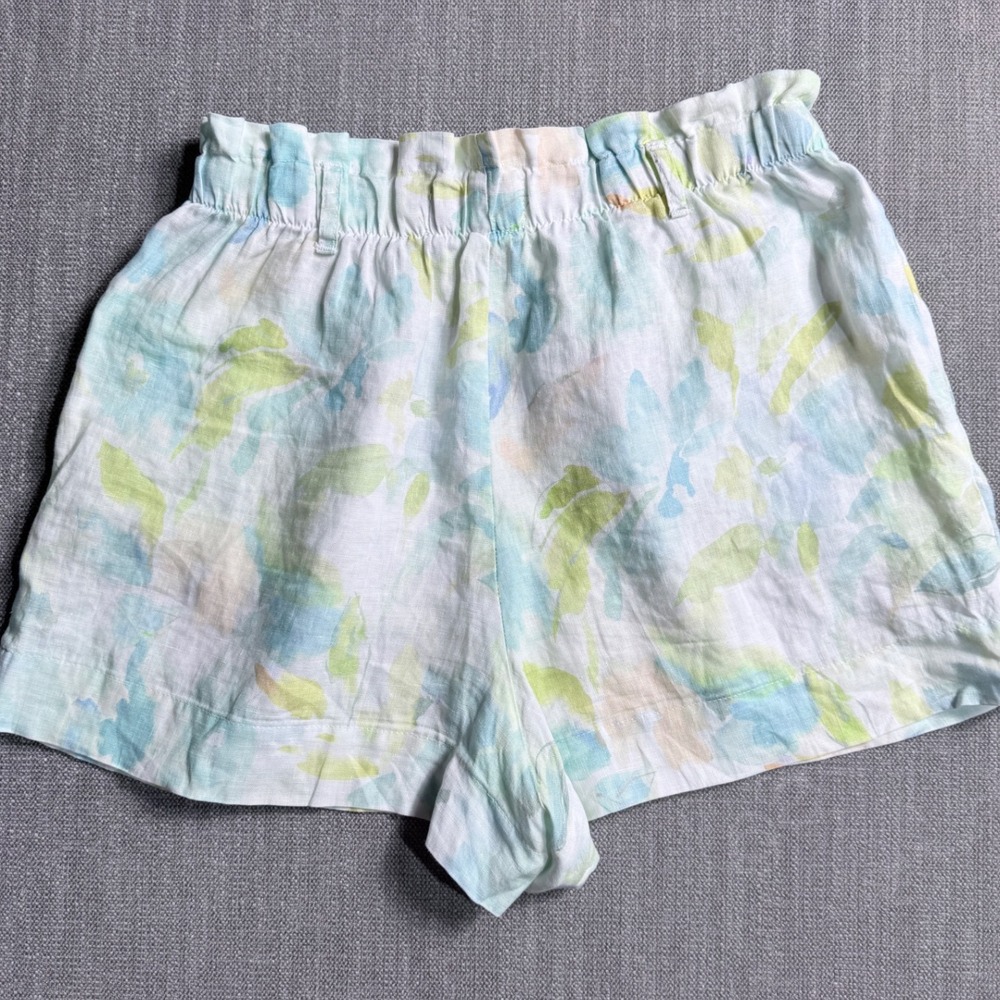 Bella Dahl Linen Paperbag Waist Shorts Blue Green Floral Medium